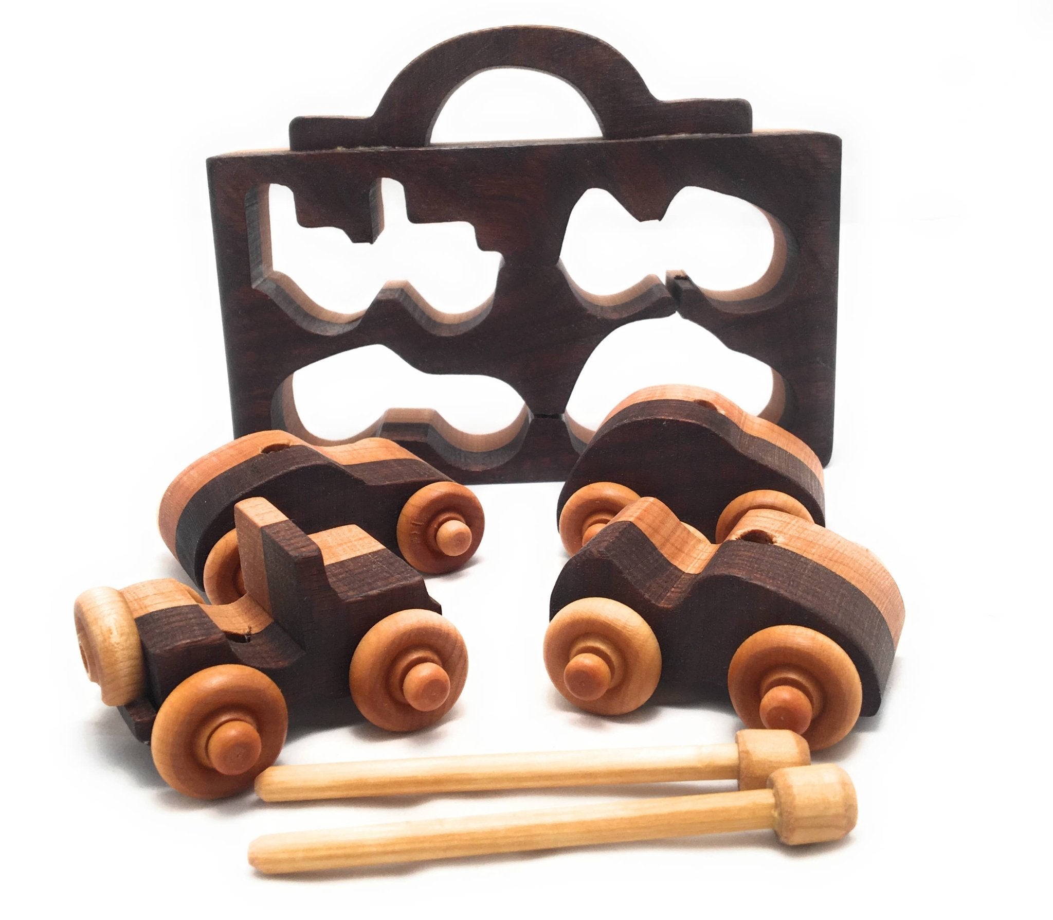 4 Pack Walnut & Light Wood Toy Cars for Kids Baldwin Toy Co.TAYLOR + MAX