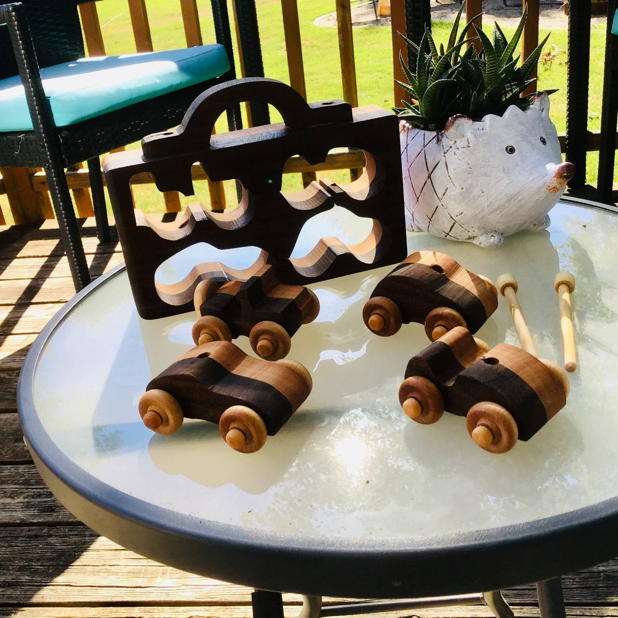 4 Pack Walnut & Light Wood Toy Cars for Kids Baldwin Toy Co.TAYLOR + MAX