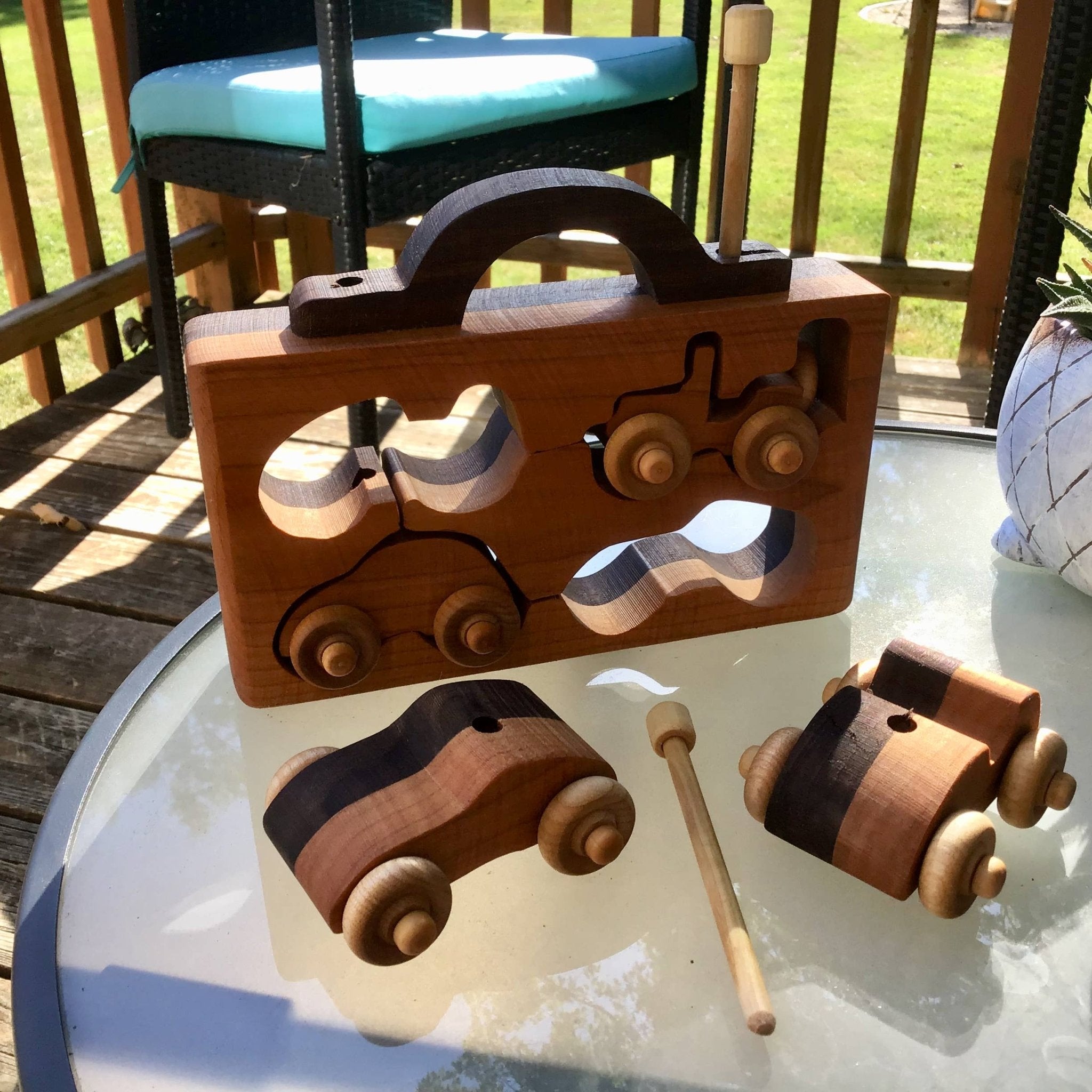 4 Pack Walnut & Light Wood Toy Cars for Kids Baldwin Toy Co.TAYLOR + MAX