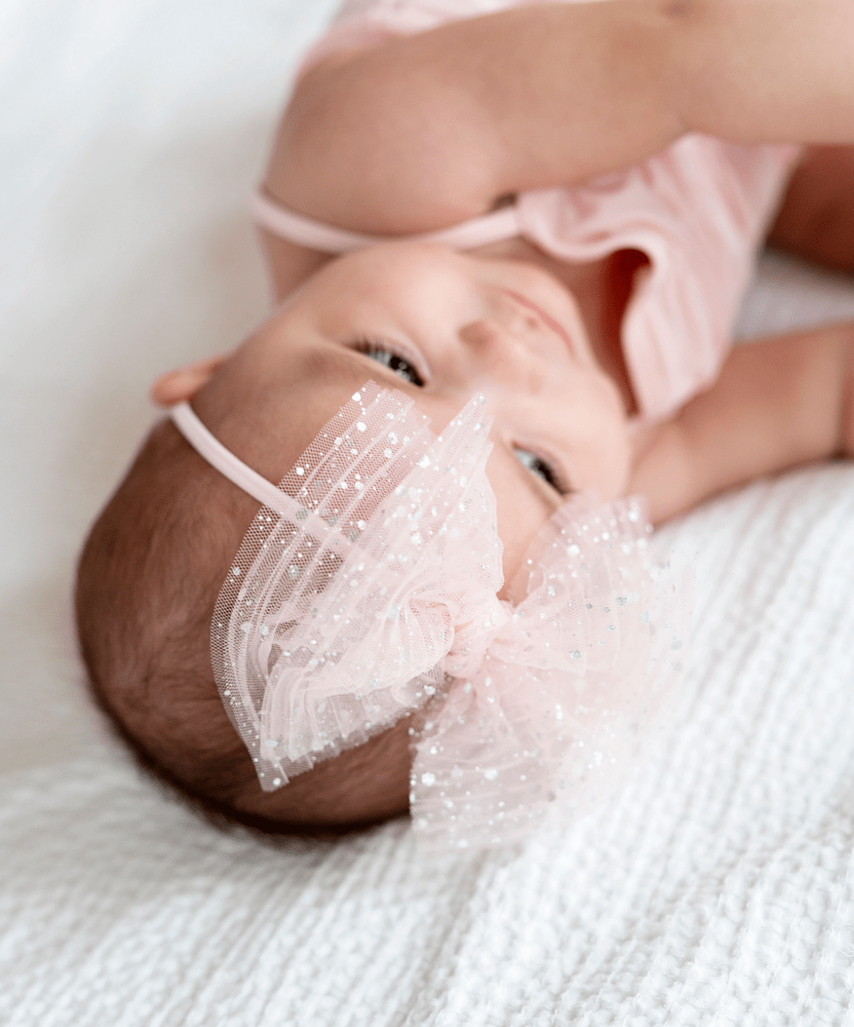 Baby Bling® Tulle FAB® Skinny nylon headband with tulle bow: Pleated Oatmeal hair bowsBaby Bling BowsTAYLOR + MAX