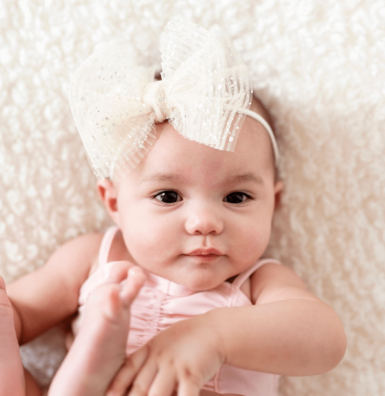 Baby Bling® Tulle FAB® Skinny nylon headband with tulle bow: Pleated Oatmeal hair bowsBaby Bling BowsTAYLOR + MAX