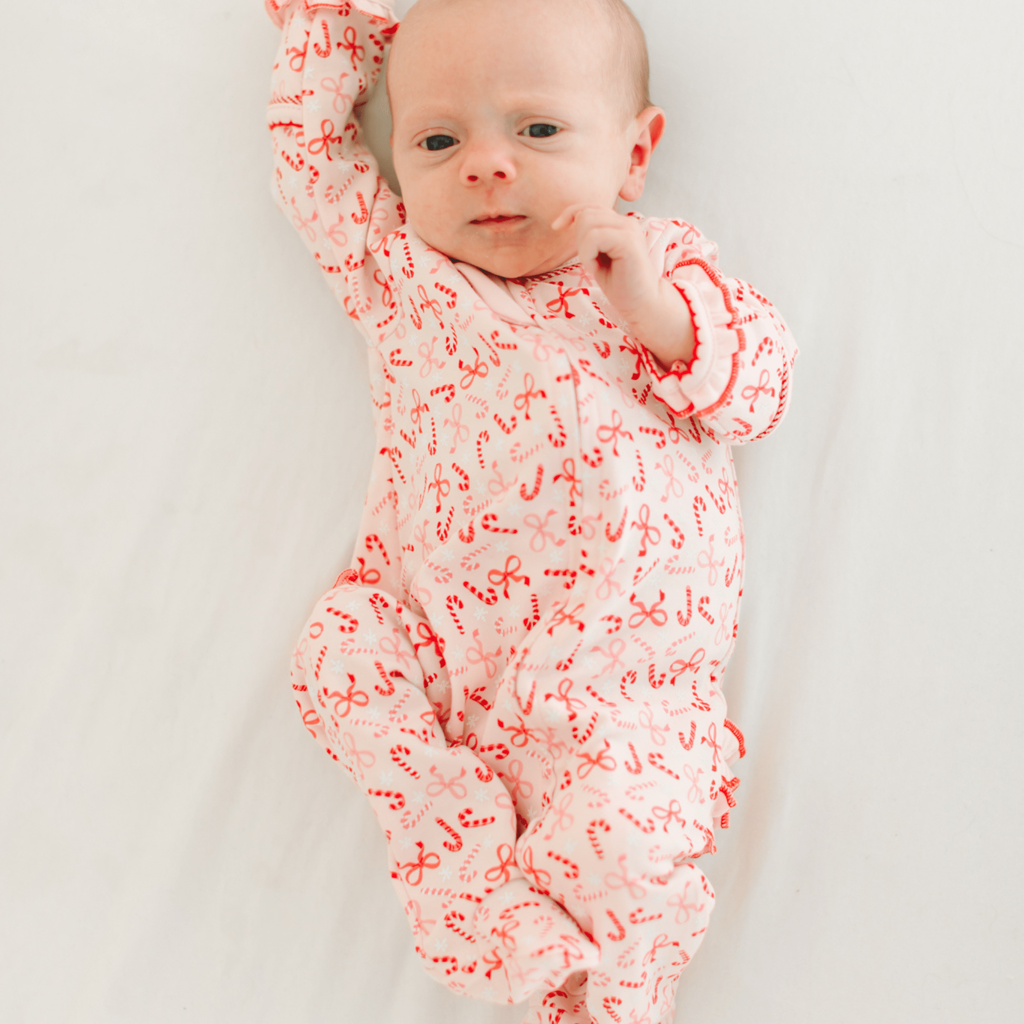 Candy Cane Lane Print Ruffle Zip Footie: 6 Months Magnolia BabyTAYLOR + MAX
