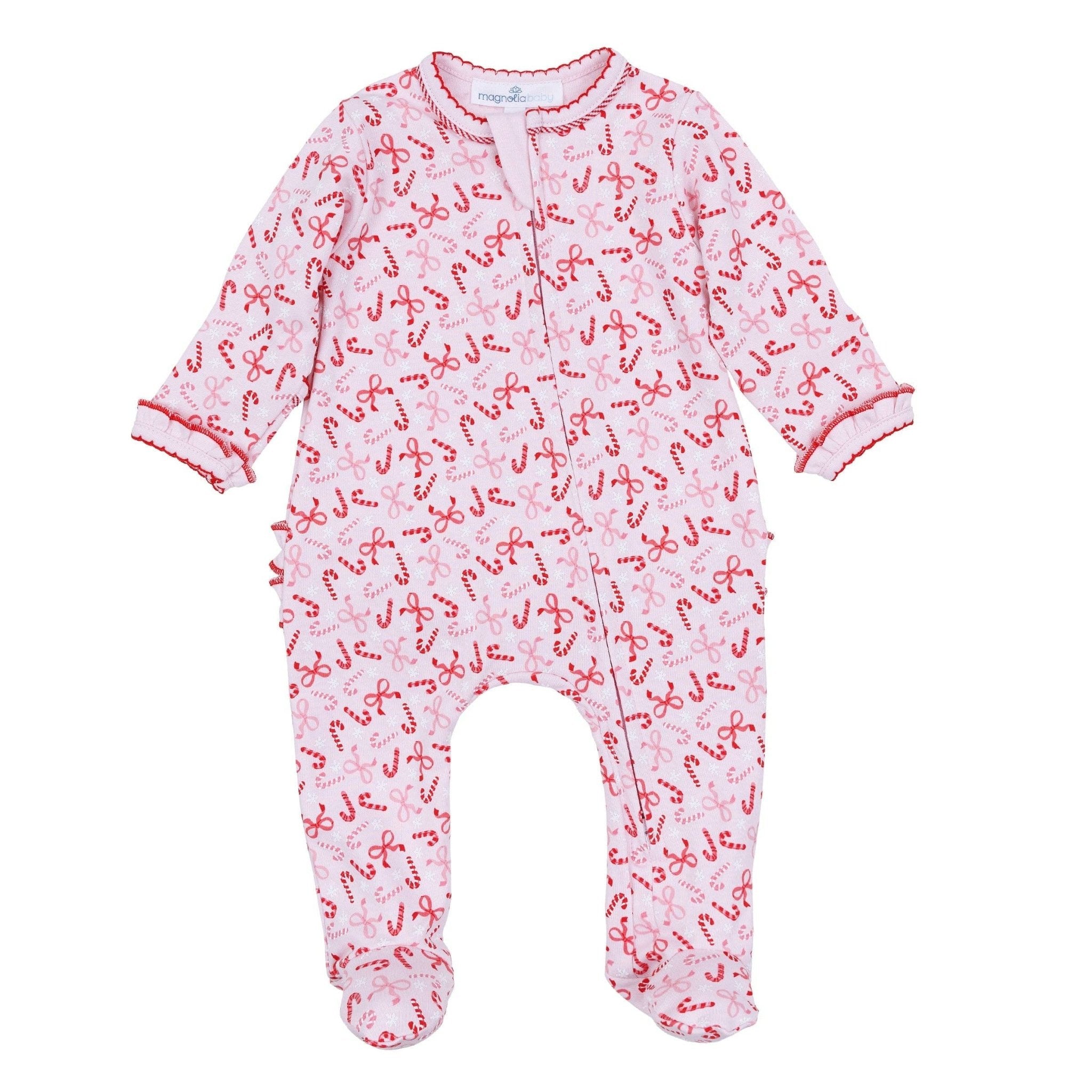 Candy Cane Lane Print Ruffle Zip Footie: Newborn Magnolia BabyTAYLOR + MAX
