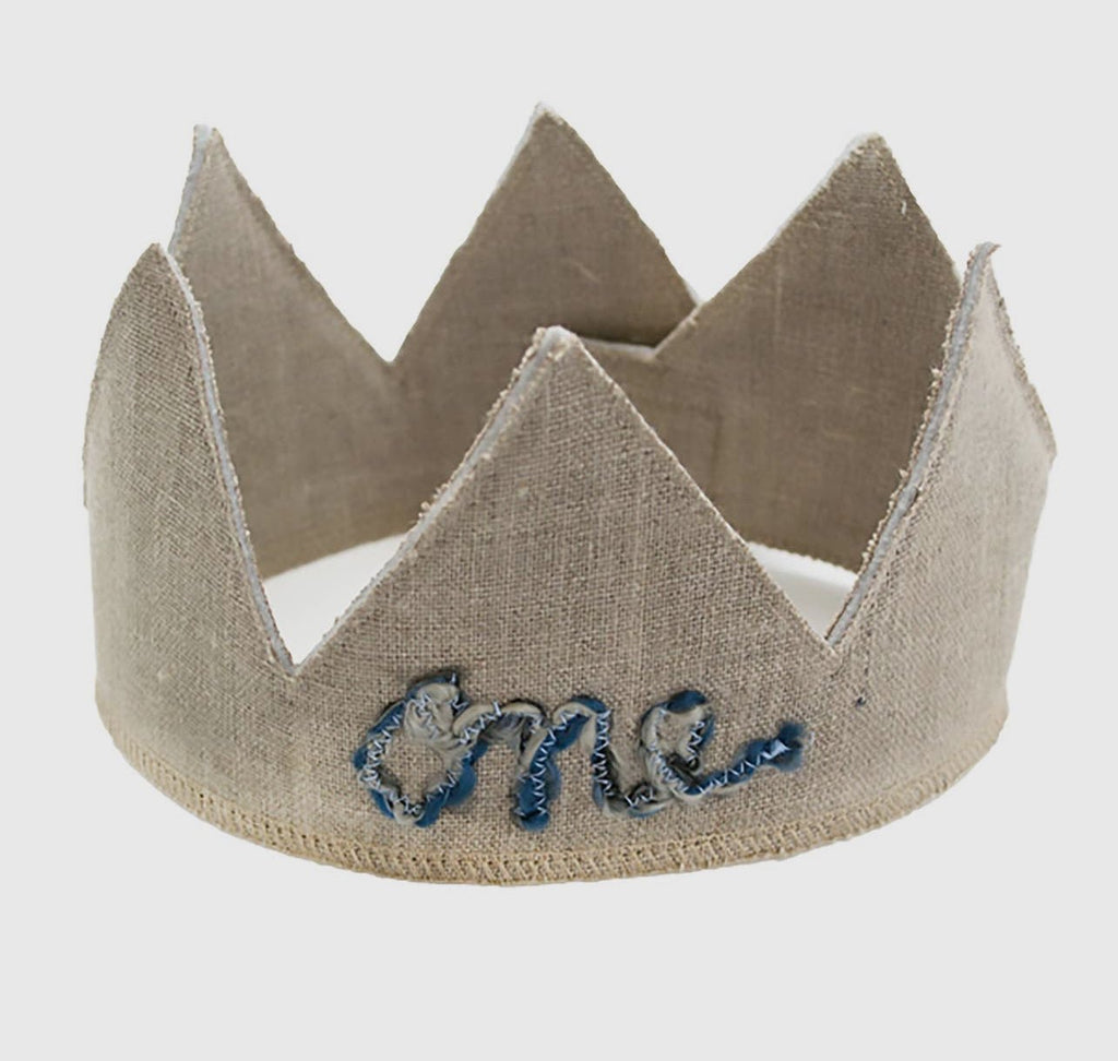 "One" Oatmeal/Blue Linen Crown - TAYLOR + MAXOh Baby