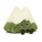 Amuseables Mountain - TAYLOR + MAX Jellycat - A smiling, green, snow capped, mountain shaped stuffed animal with brown feet