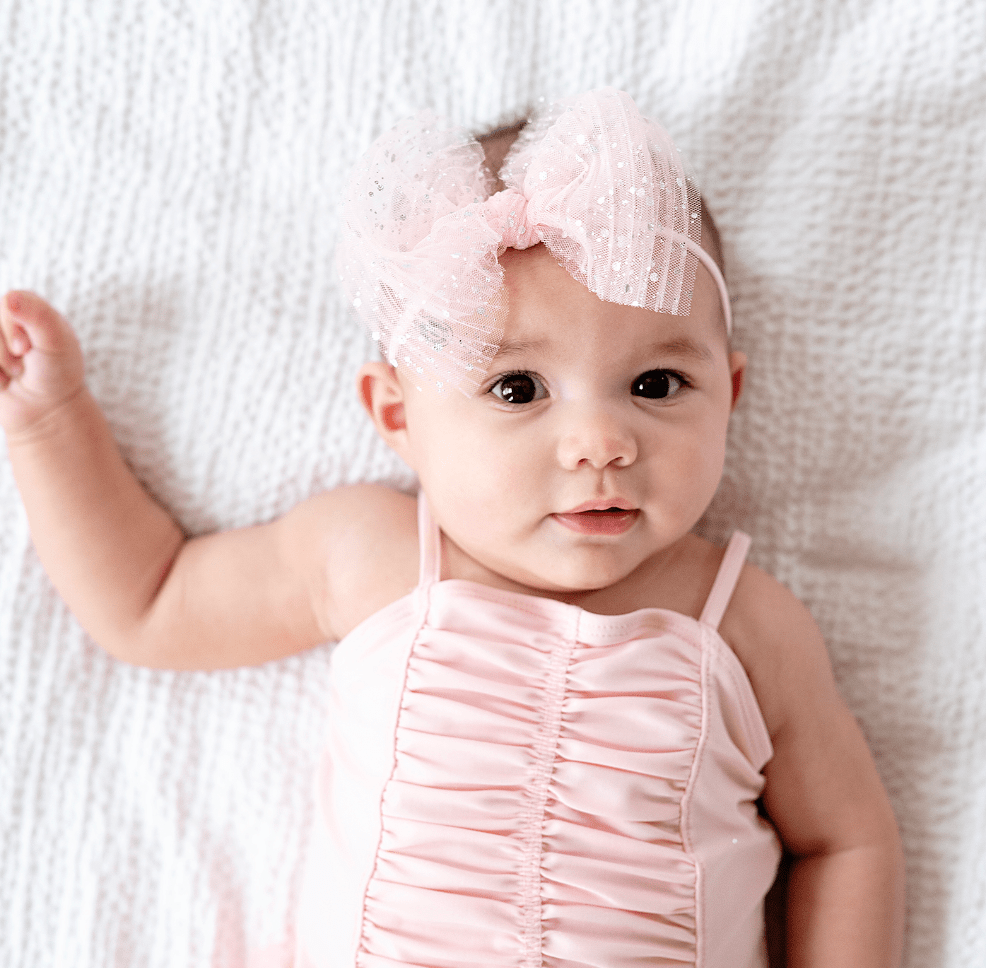 Baby Bling® Tulle FAB® Skinny nylon headband with tulle bow: Pleated Oatmeal - TAYLOR + MAXBaby Bling Bows