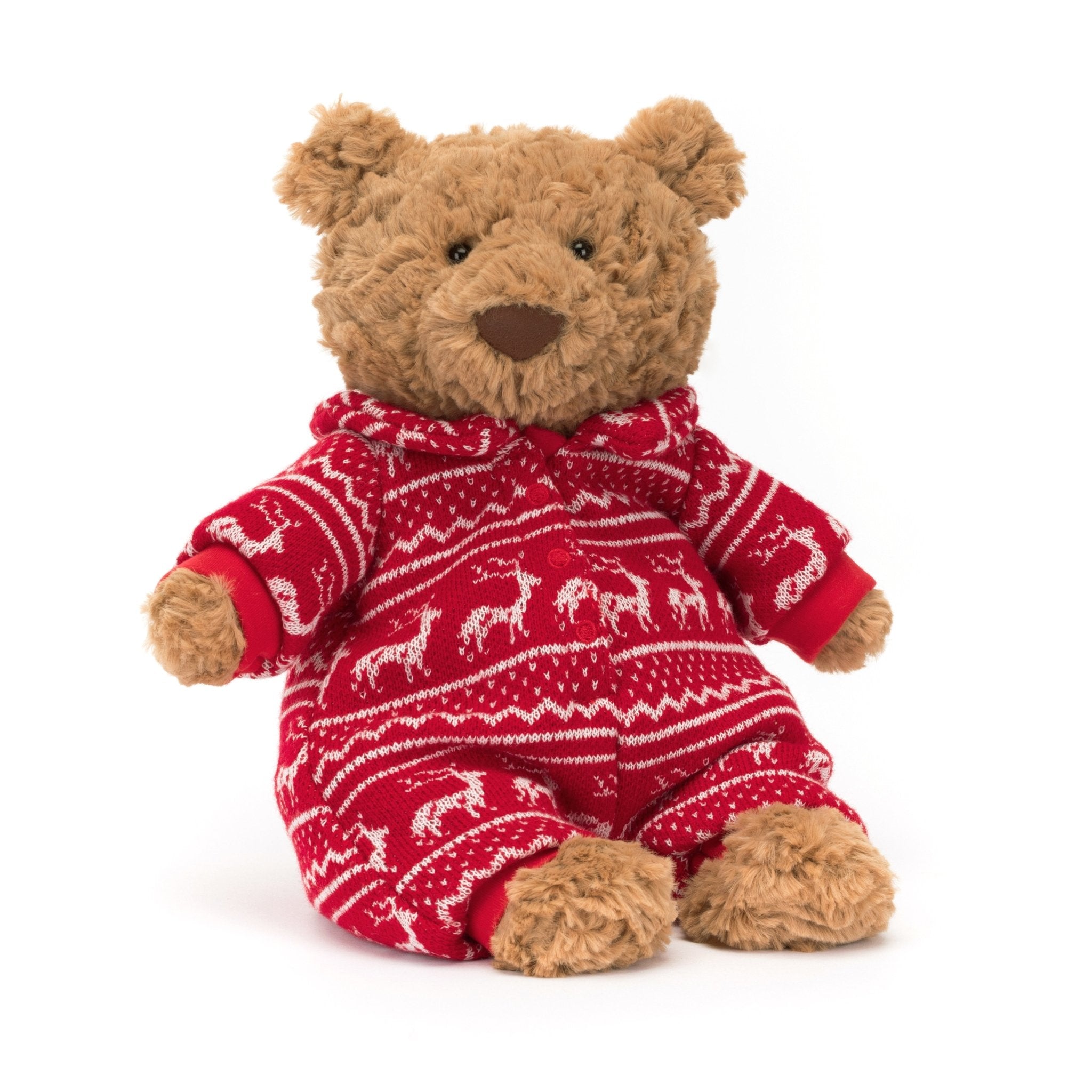 Bartholomew Bear Winter Pajamas - TAYLOR + MAXJellycat - A brown teddy bear wearing red pajamas, featuring white reindeers