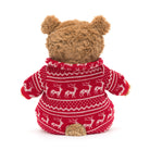 Bartholomew Bear Winter Pajamas - TAYLOR + MAXJellycat - A brown teddy bear with its back facing the camera, wearing red pajamas, and featuring white reindeers