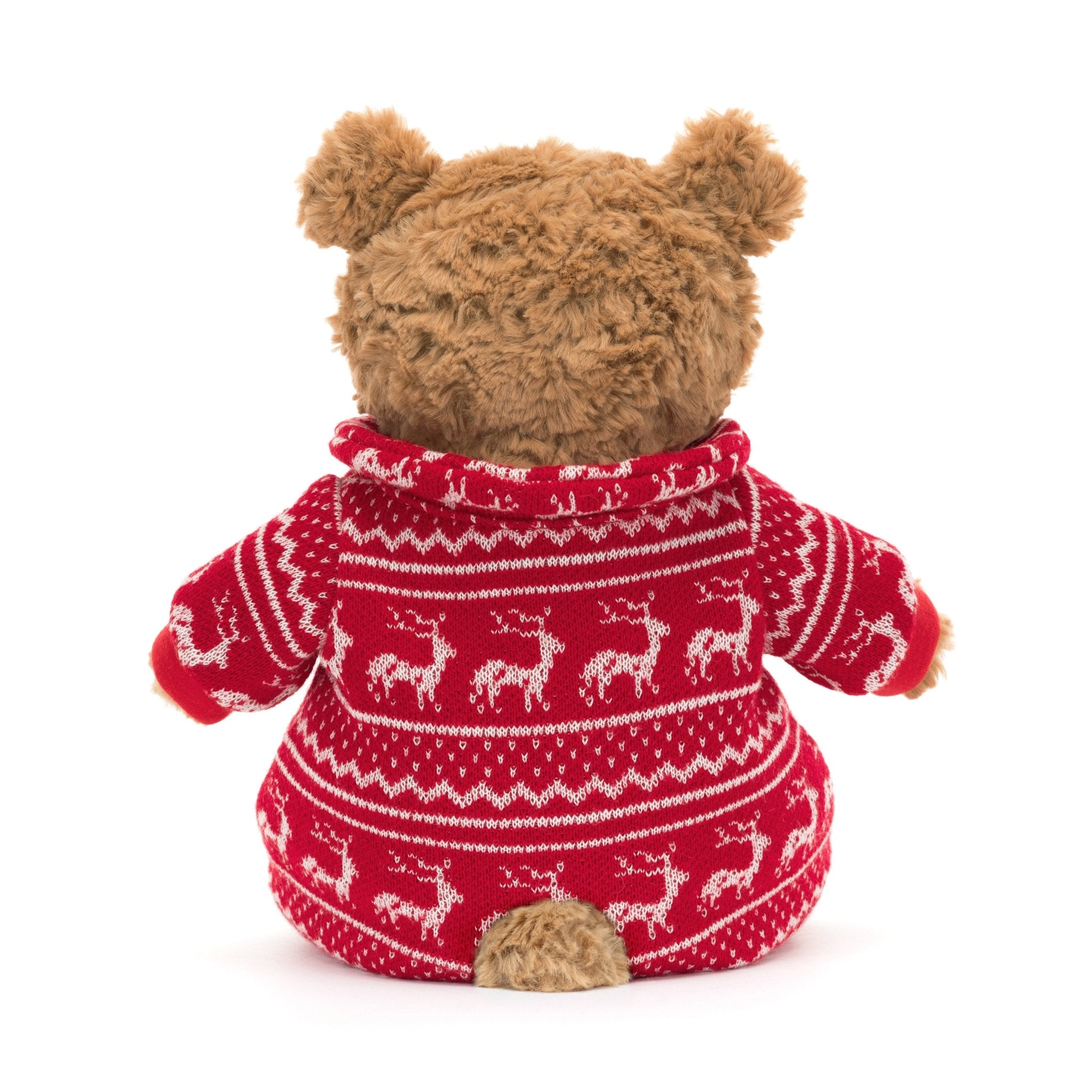 Bartholomew Bear Winter Pajamas - TAYLOR + MAXJellycat - A brown teddy bear with its back facing the camera, wearing red pajamas, and featuring white reindeers