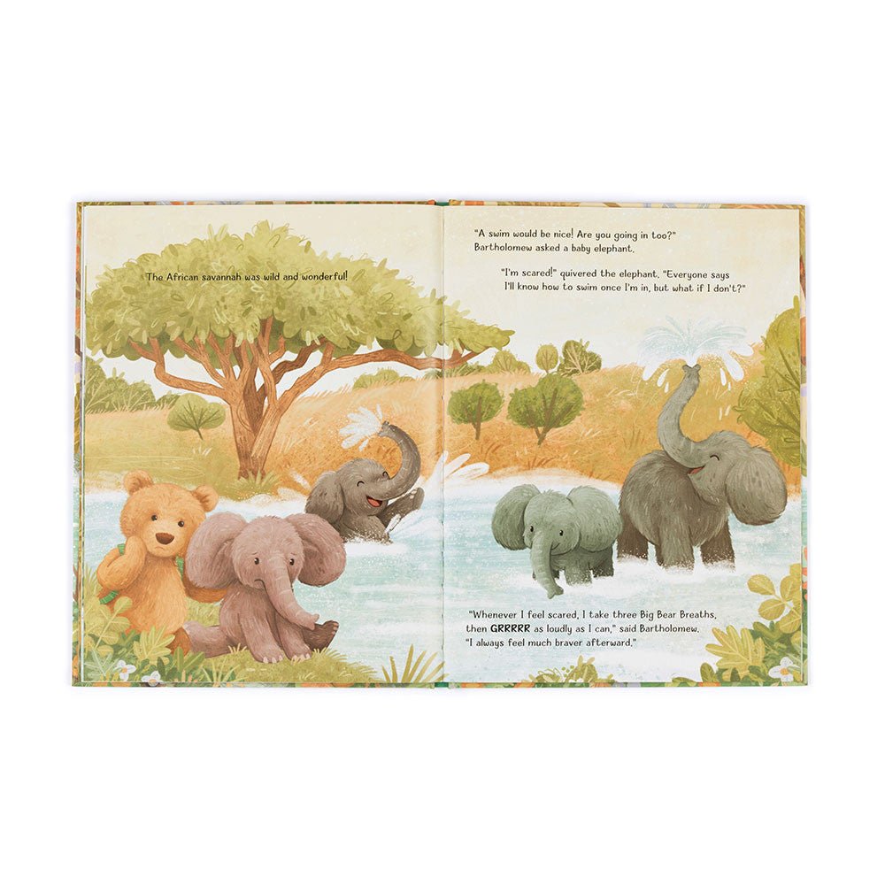 It's a Big World Bartholomew Book - TAYLOR + MAXJellycat. Open pages of the book depicting a playful scene of elephants splashing in the water, while the bear comforts a young elephant who is scared to swim