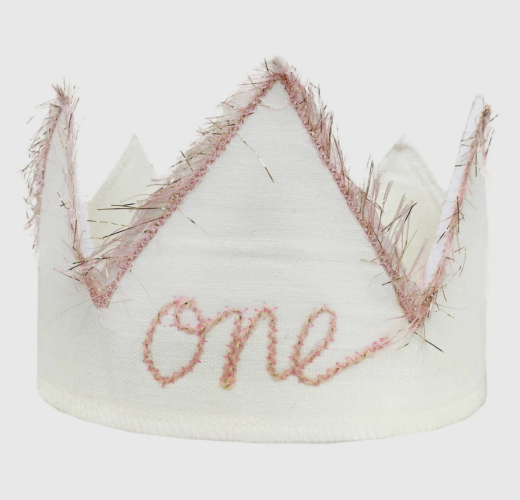 "One" Pink/Gold Linen Crown - TAYLOR + MAXOh Baby