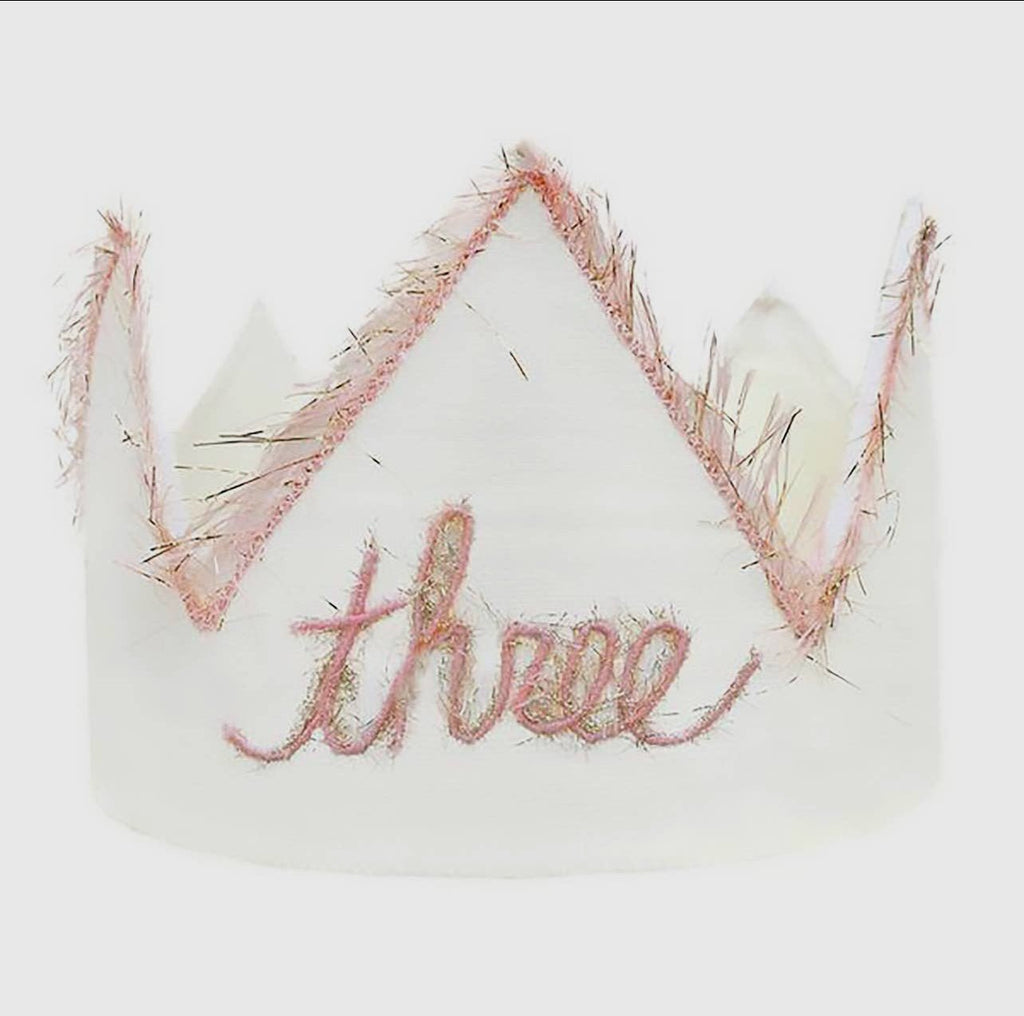 "Three" Pink/Gold Linen Crown - TAYLOR + MAXOh Baby